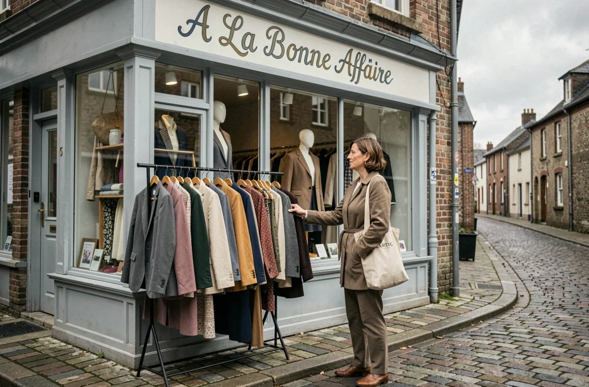 Façade de la boutique A La Bonne Affaire avec une cliente parcourant des vêtements de seconde main