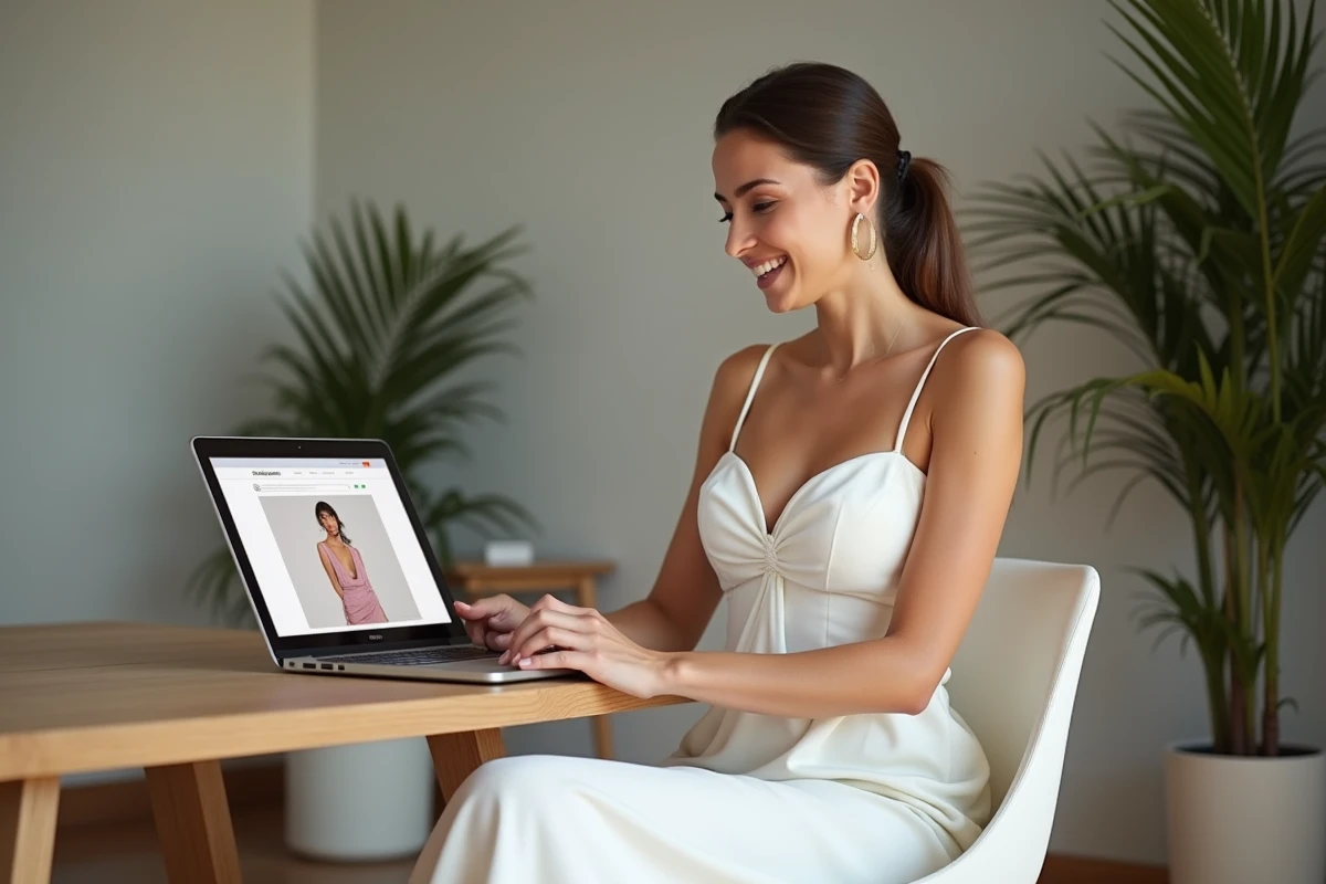 Femme en robe bustier longue blanche achetant une robe en ligne sur ordinateur portable, shopping sécurisé depuis chez soi