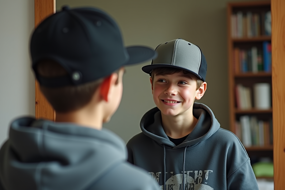 Adolescent essayant un snapback dans sa chambre