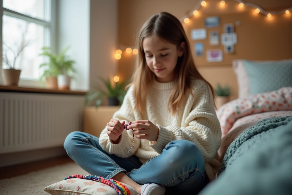 Adolescente réalisant un bracelet brésilien en fils colorés dans sa chambre, modèle tendance à reproduire