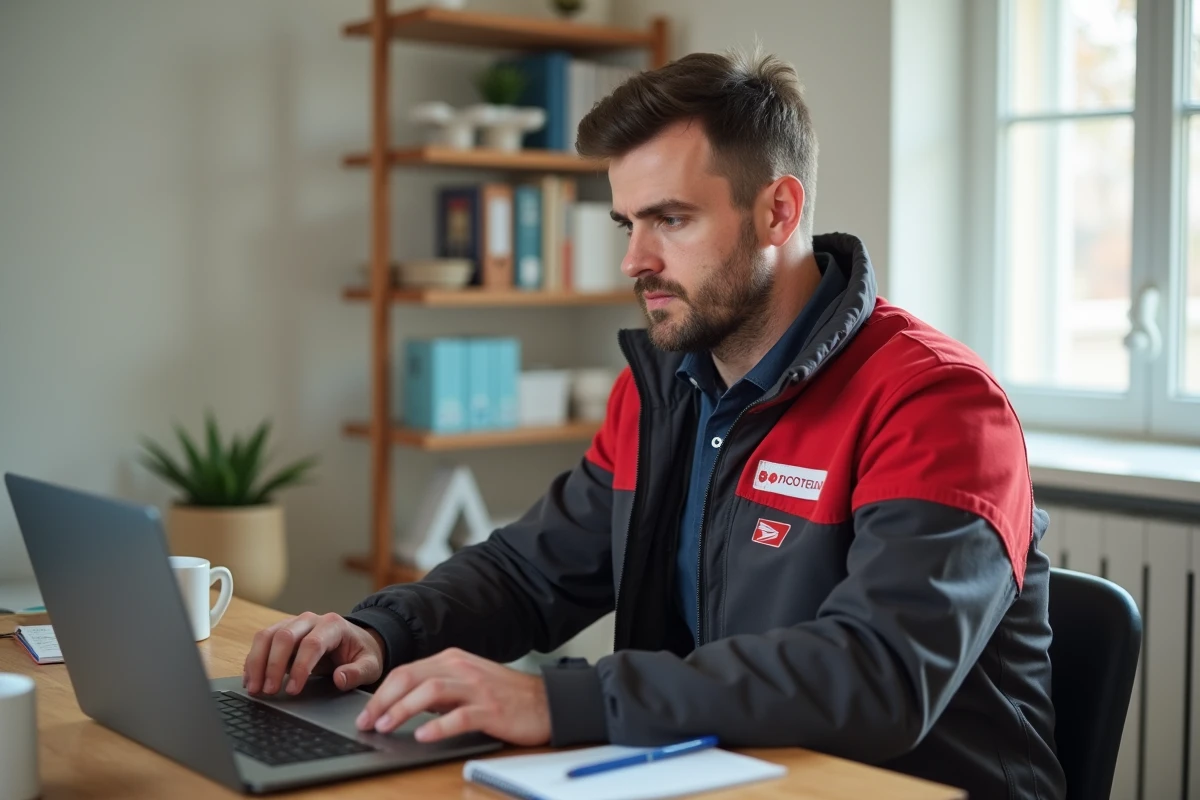 Agent postal masculin consultant ses droits habillement sur un portail en ligne depuis son domicile