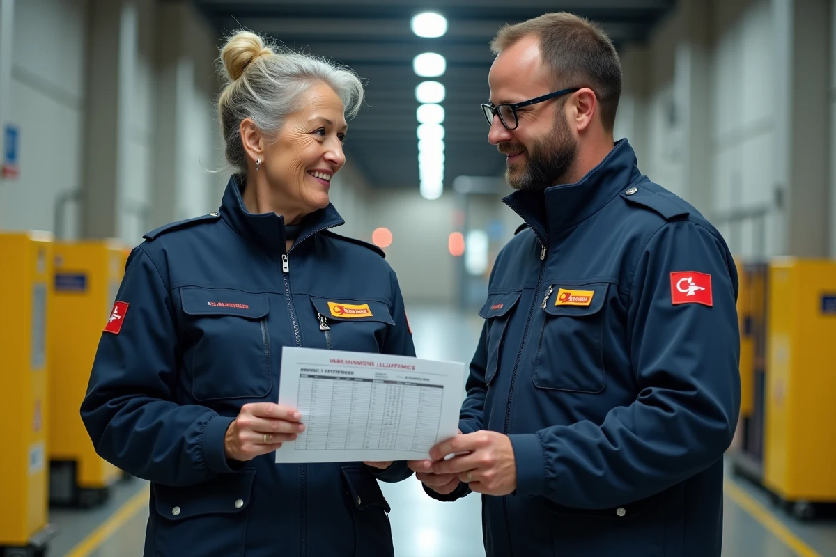 Deux agents de La Poste discutant du budget habillement Monespace dans un couloir de centre de tri