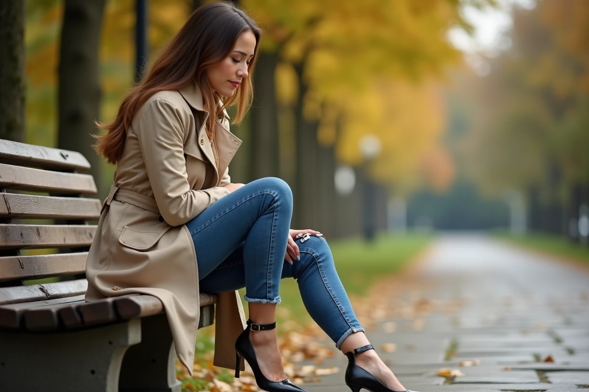 Femme ajustant ses chaussures à talons aiguilles sur un banc en bois dans un parc urbain en automne