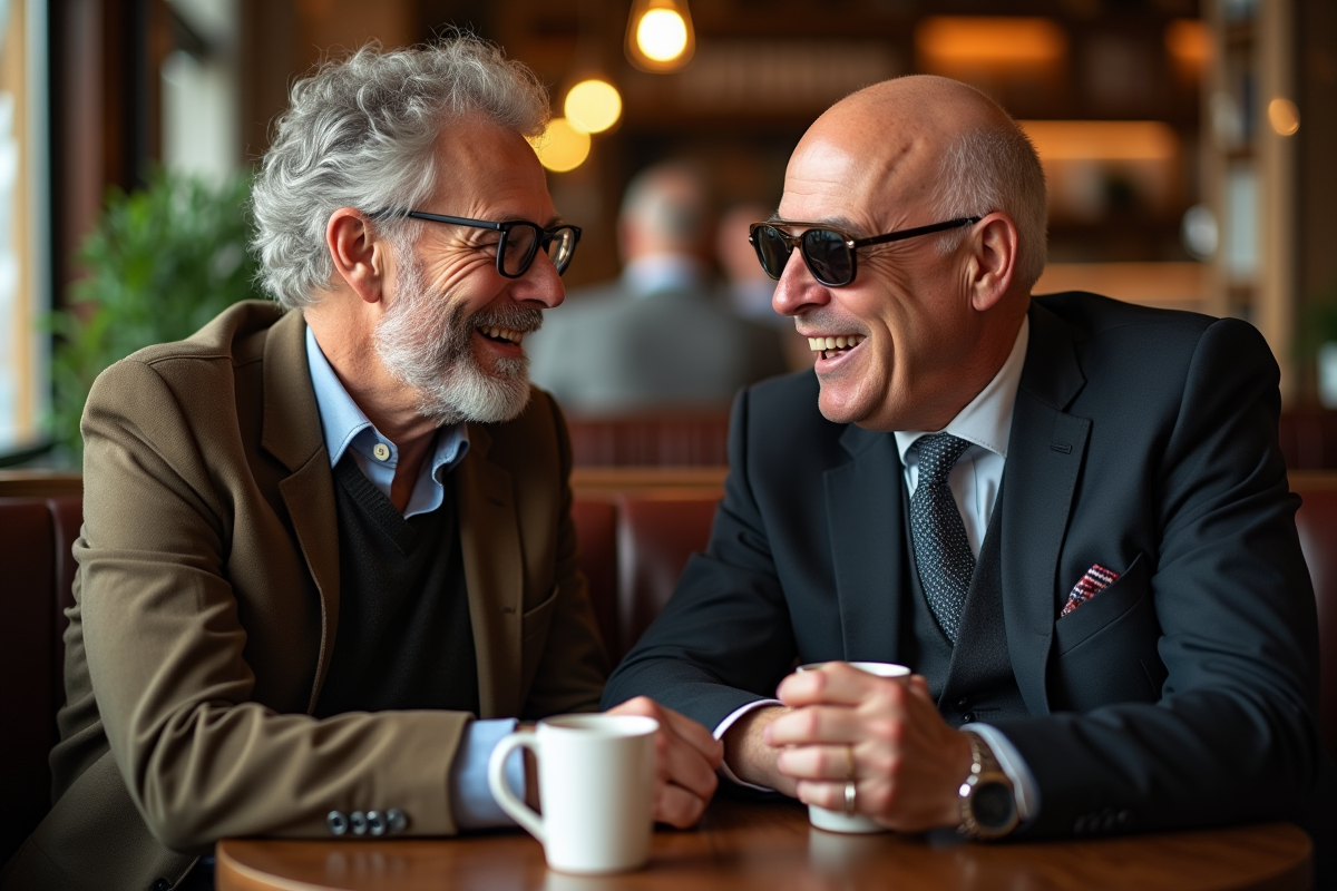 Deux hommes assis au cafe souriants dans une ambiance chaleureuse