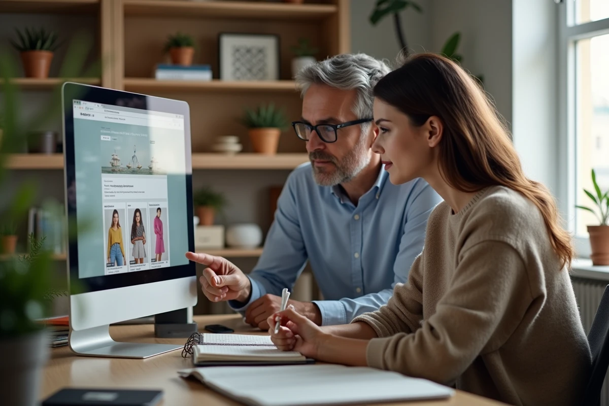 Couple analysant des avis vérifiés d'une boutique en ligne depuis leur bureau à domicile