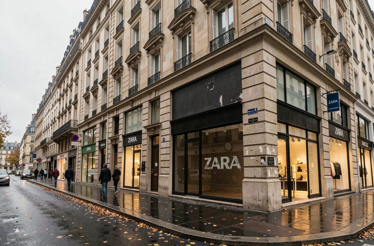 Ancien emplacement d'un magasin Zara fermé dans une rue commerçante française, vitrine vide et enseigne partiellement retirée en automne