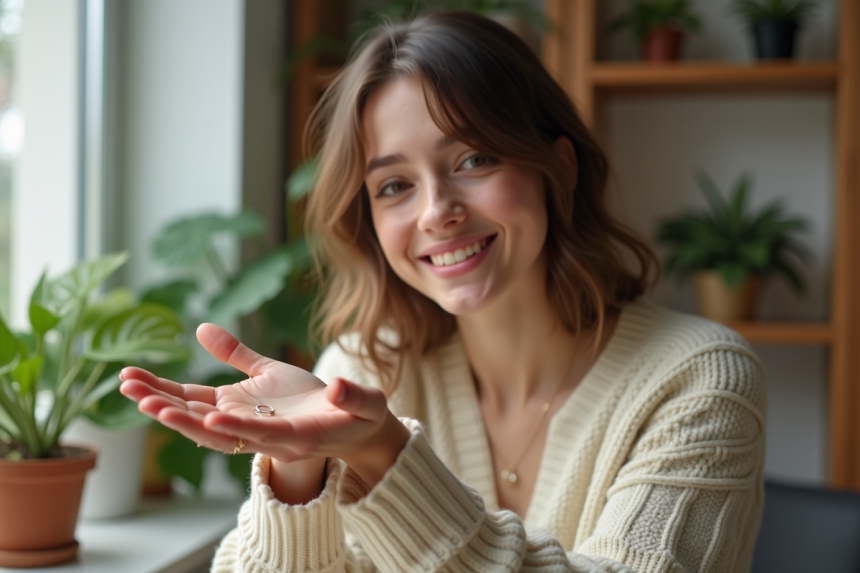 Jeune femme montrant une bague de promesse dans un intérieur chaleureux