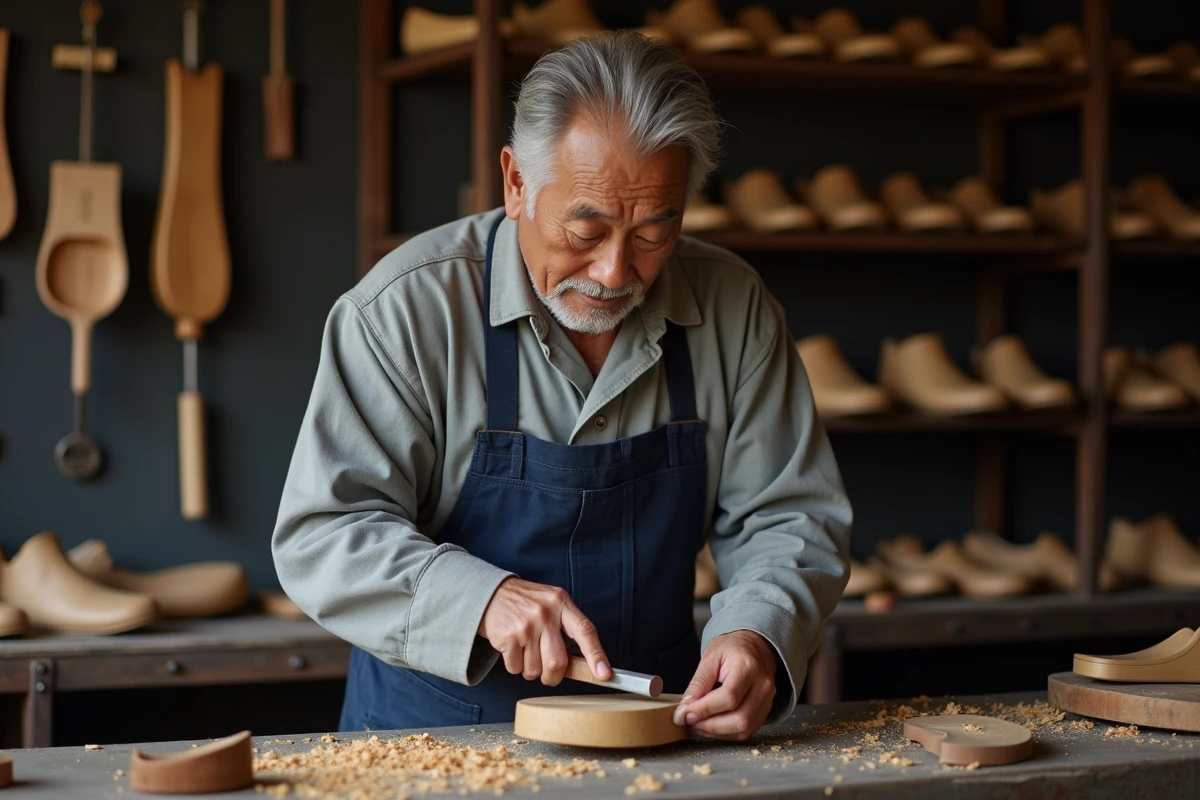 Artisan japonais âgé façonnant une semelle de zori en bois dans un atelier traditionnel entouré d'outils et de sandales artisanales