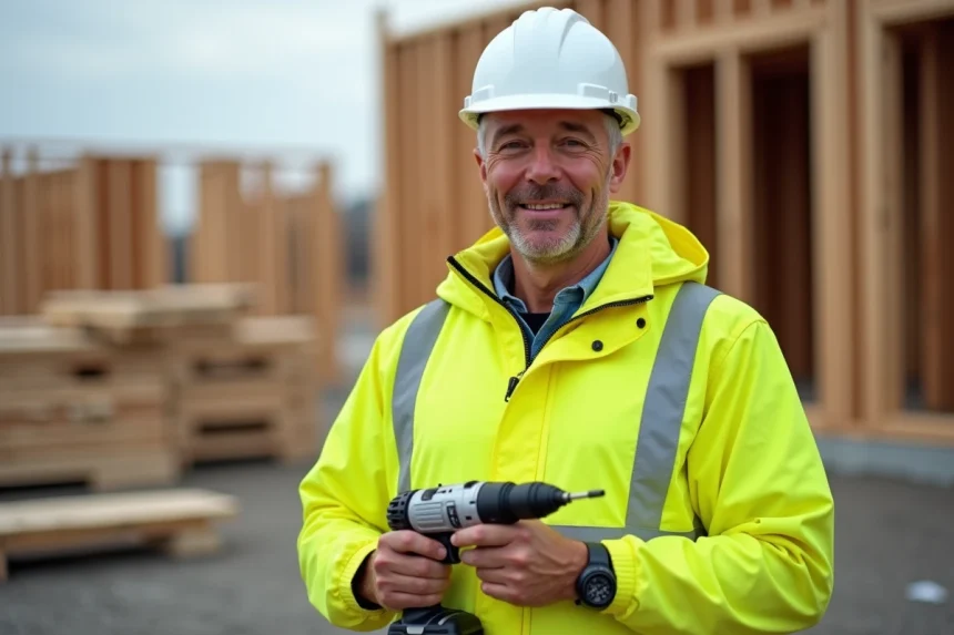 Artisan homme avec perceuse sur chantier extérieur