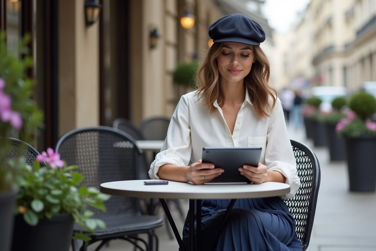 Artiste numérique assise dans un café parisien