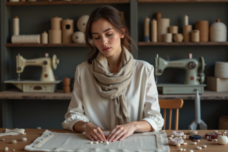 Femme élégante en atelier couture avec accessoires