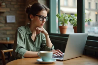 Femme consultant les avis clients d'une boutique en ligne dans un café parisien