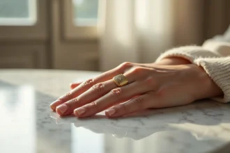 Gros plan d'une bague chevalière en or portée sur l'index d'une femme, posée sur du marbre gris dans un intérieur minimaliste parisien