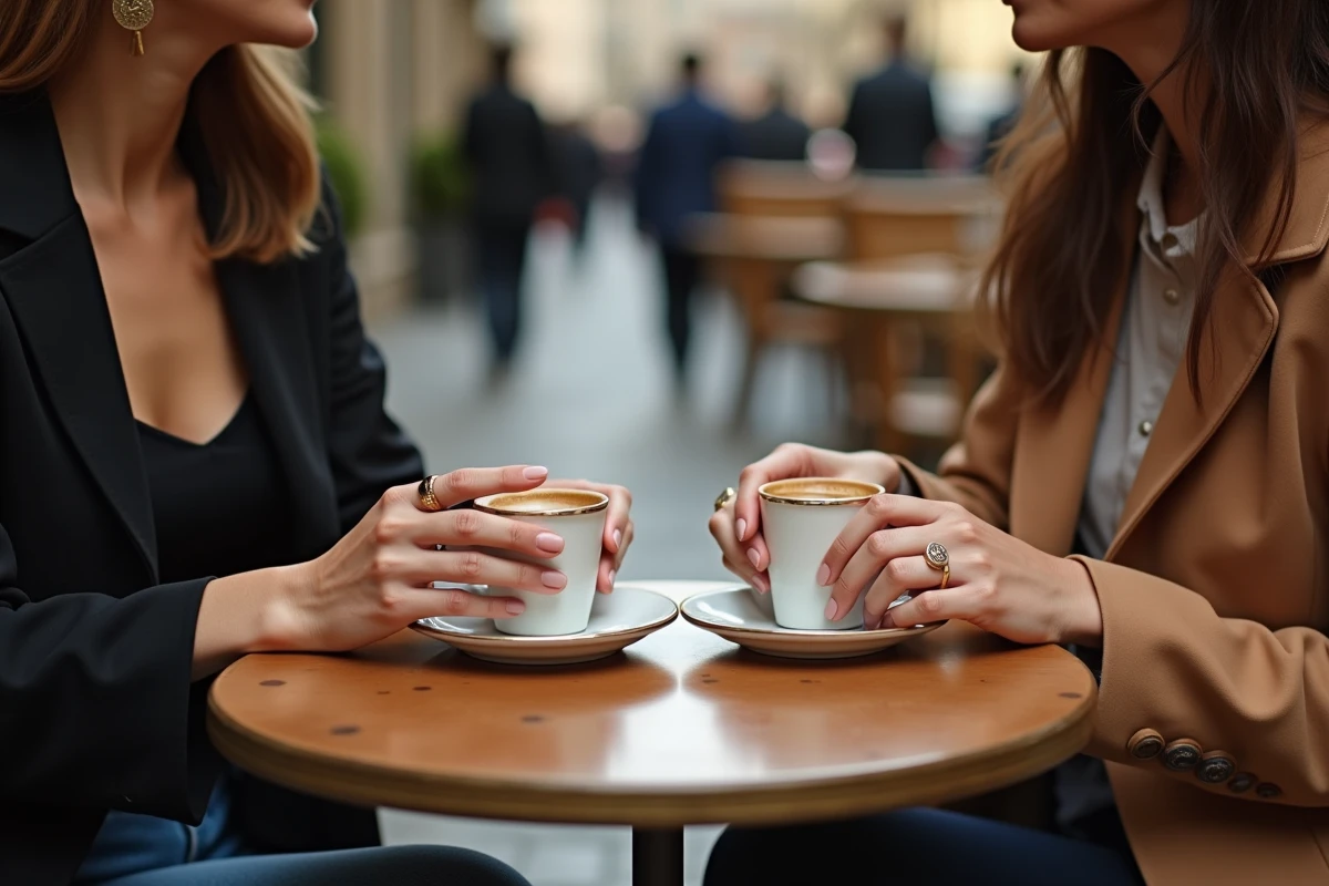 Deux femmes attablées en terrasse de café parisien portant chacune une bague chevalière différente, ambiance lifestyle urbaine et élégante