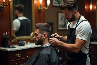 Barbier professionnel réalisant un taper bas dégradé américain sur un client en salon de coiffure vintage