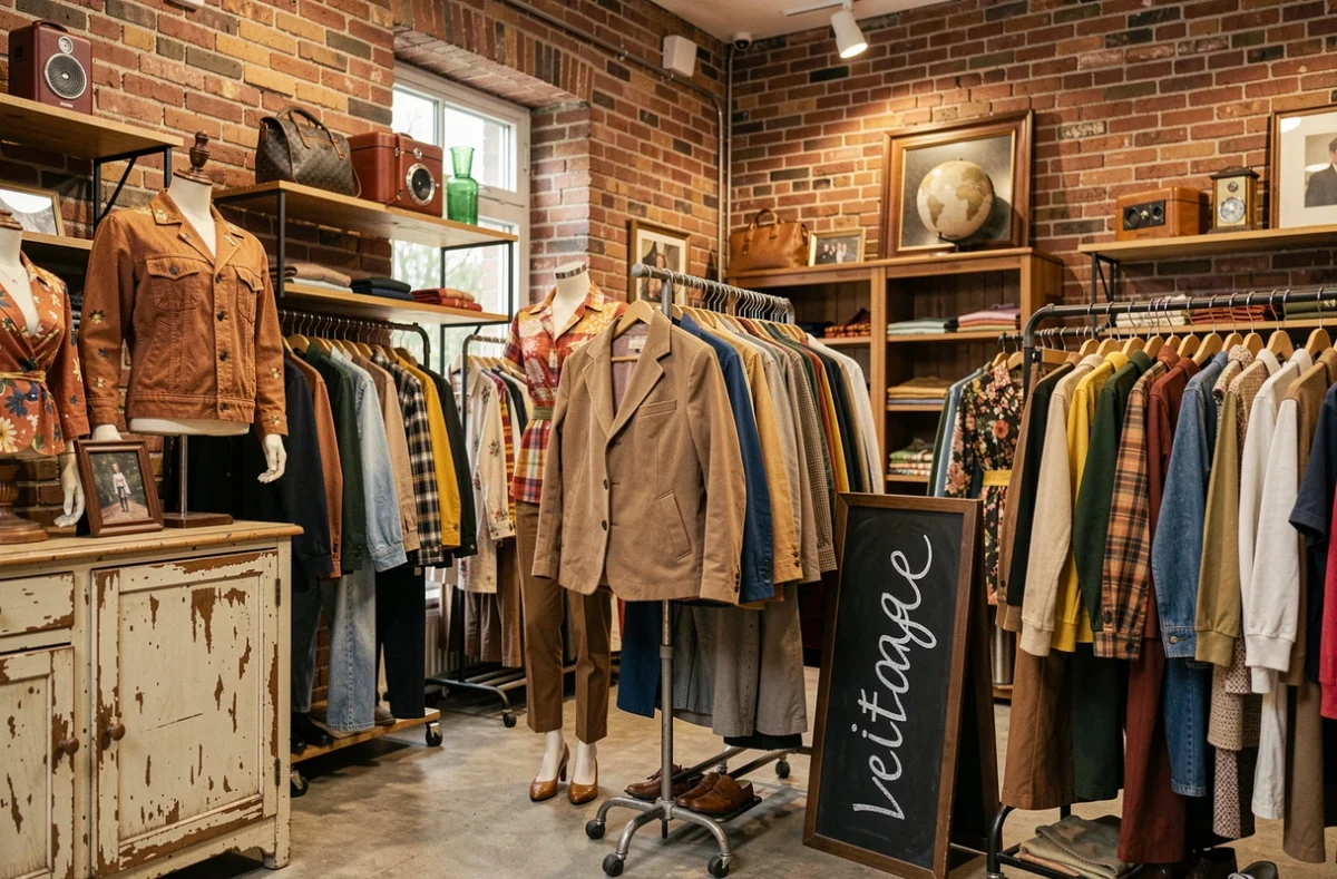 Boutique Belle Lurette Vintage à La Roche-sur-Yon avec des vêtements vintage des années 70-80 sur des présentoirs en bois