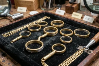 Bijoux plaqués or sur un plateau de velours montrant l'usure du placage doré et le métal de base visible