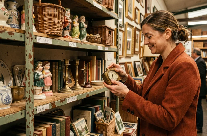 Femme explorant les trésors d'une boutique de djadjas vintage à Lille, entourée d'objets anciens et d'une atmosphère chaleureuse