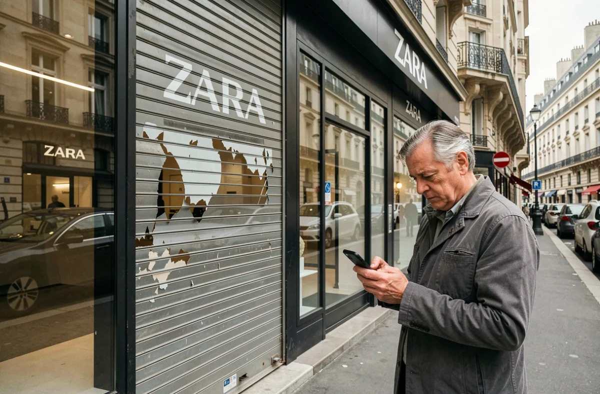 Boutique Zara fermée avec rideau métallique baissé dans une rue commerçante française