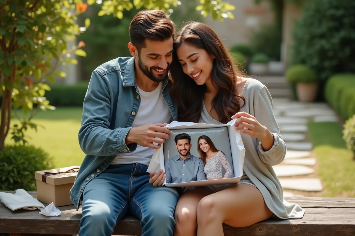 Couple découvrant un boxer personnalisé avec leur photo imprimée, idée cadeau romantique et originale