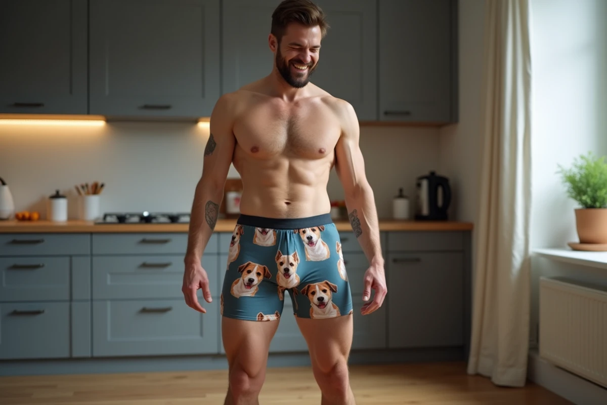 Homme portant un boxer personnalisé avec photo de son chien imprimée, cadeau décalé et humoristique