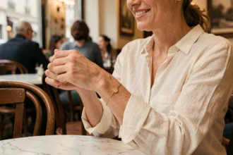 Femme portant un bracelet TRESOR en or dans un café parisien, mettant en valeur l'élégance du bijou pour toutes les générations