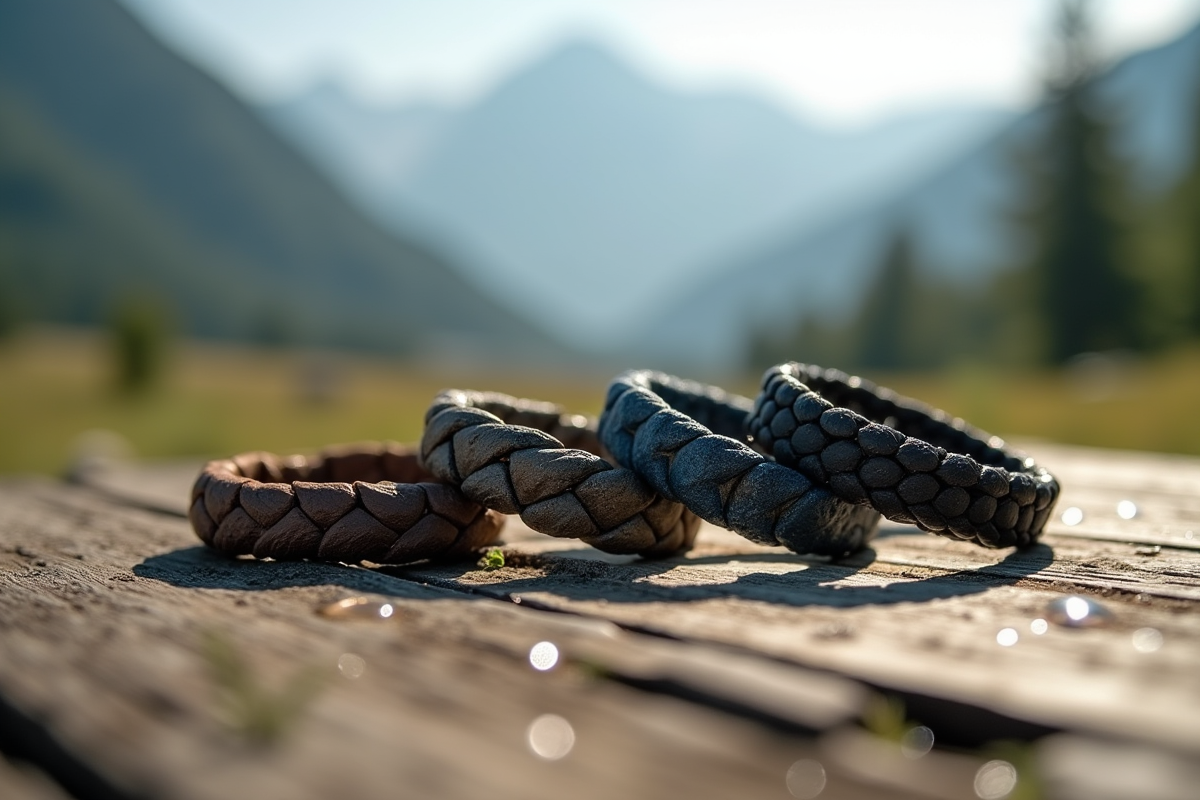 Gros plan de bracelets montagnards sur bois en extérieur