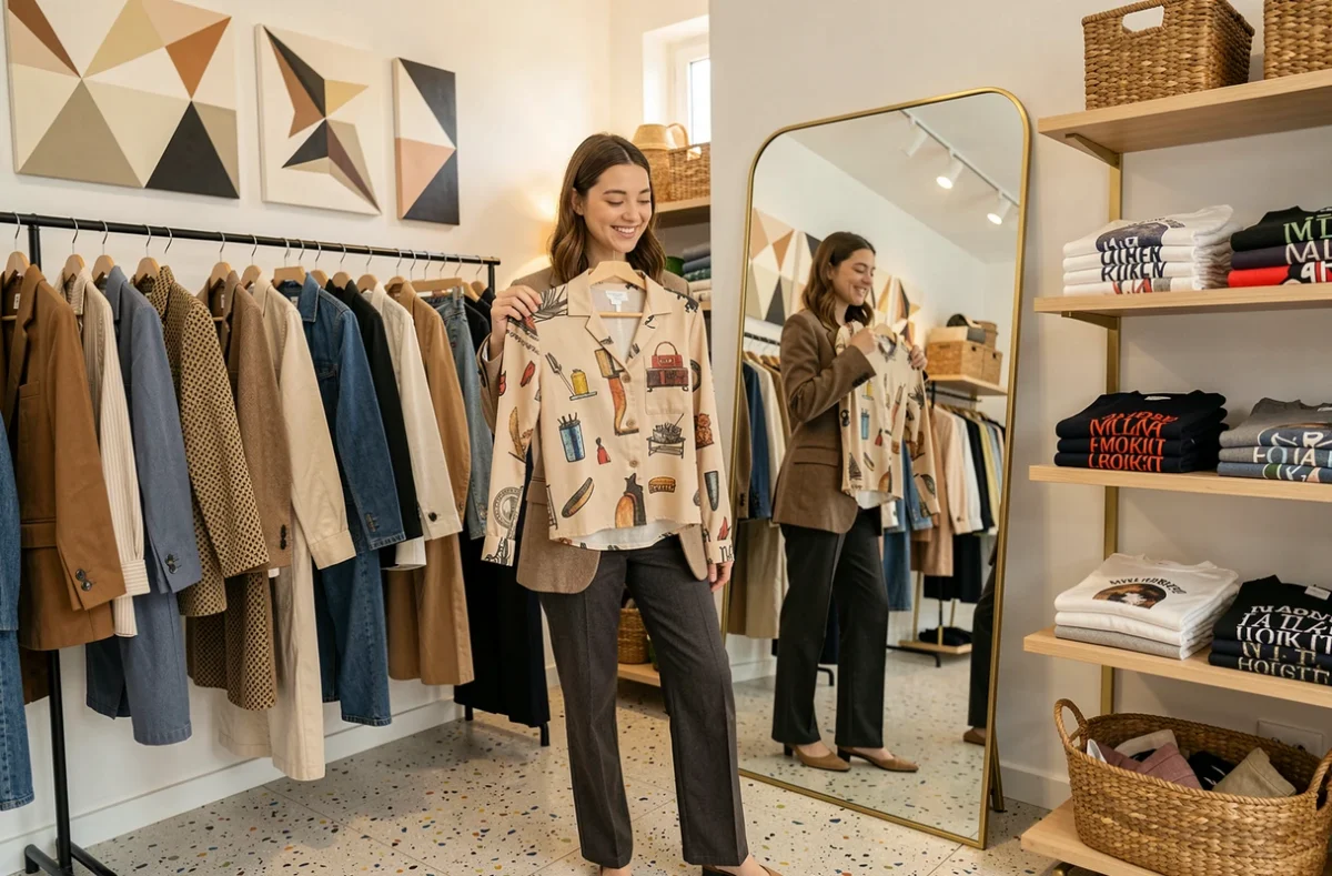 Boutique Caractère Vintage à Lagny-sur-Marne avec une cliente essayant un vêtement tendance de seconde main