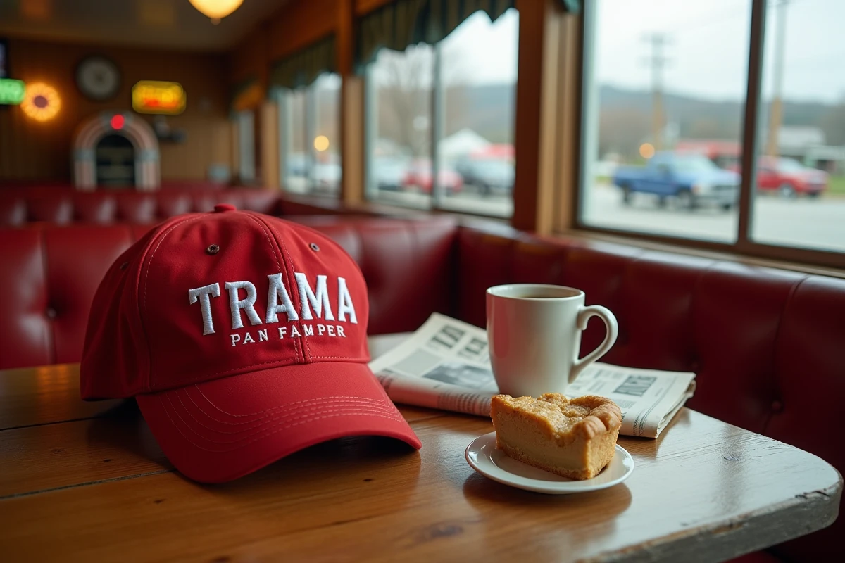 Casquette MAGA rouge posée sur une table en bois dans un diner américain rural avec tasse de café et journal