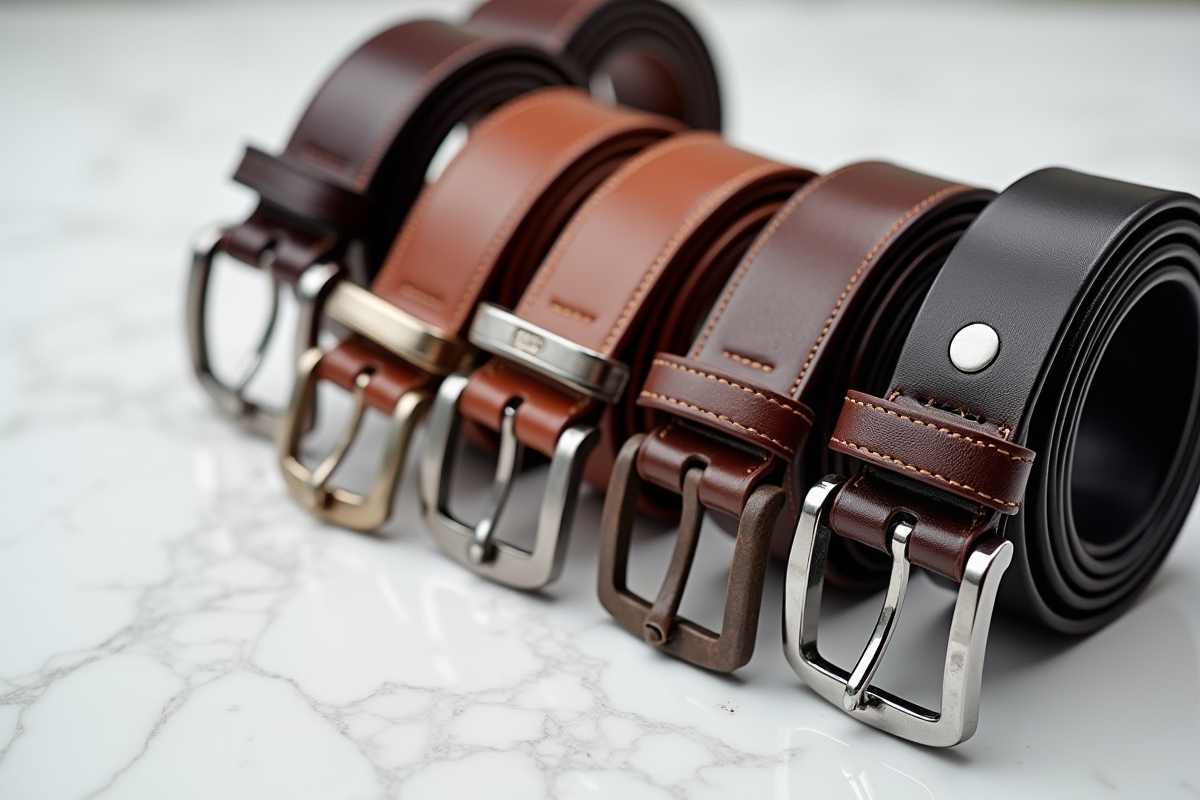 Ceintures en cuir premium avec boucles variées sur surface en marbre blanc