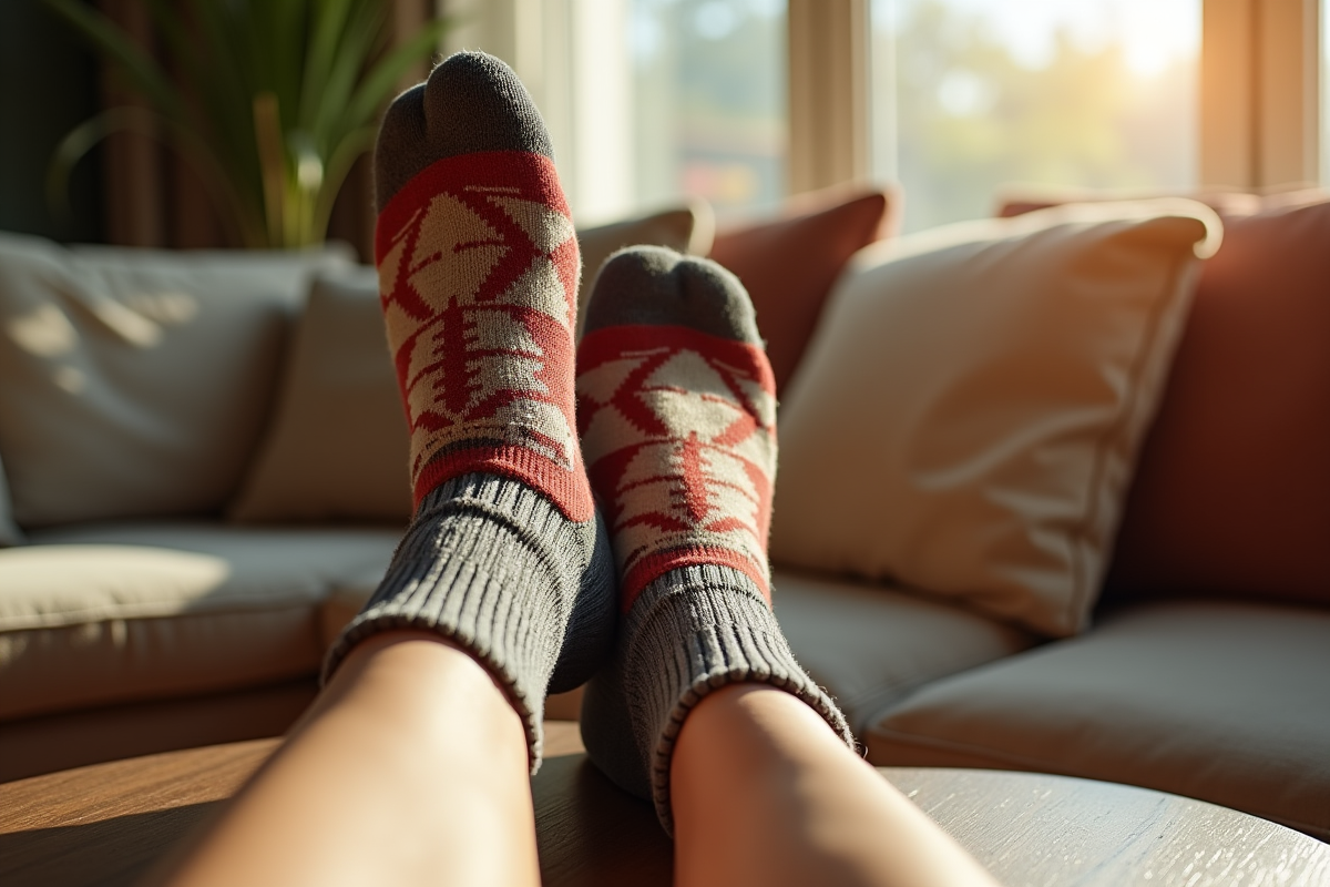 Détail de chaussettes tricotées avec motifs géométriques