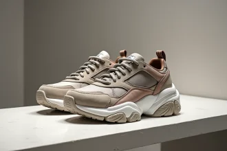 Sneakers Balenciaga à semelle épaisse et design volontairement disgracieux exposées sur une étagère en béton dans une boutique de luxe