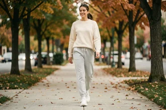 Femme portant des chaussures confortables blanches en marchant sur un trottoir urbain en automne