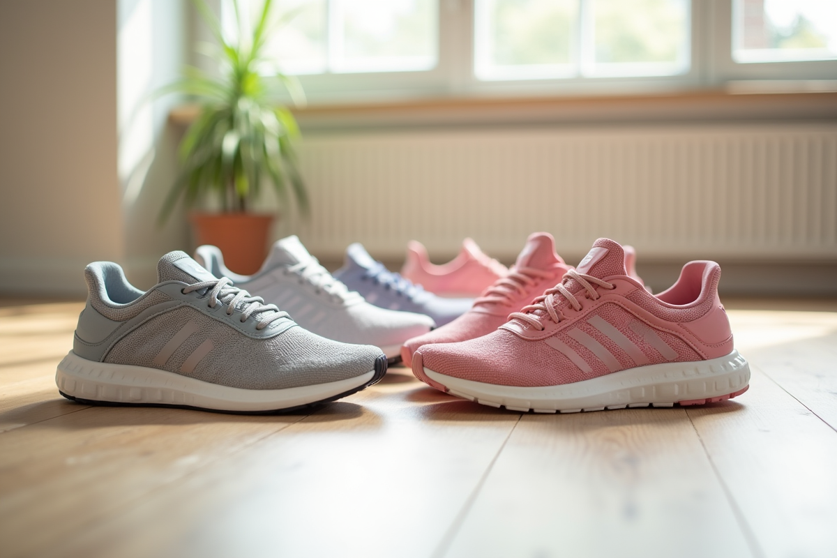 Cinq paires de chaussures de sport femmes colorées en cercle