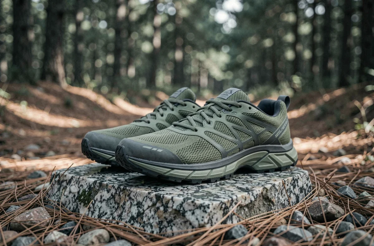 Paire de chaussures de trail confortables posée sur un rocher en forêt avec semelle épaisse visible