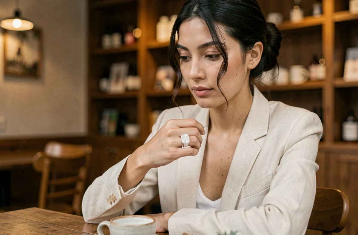 Femme portant une chevalière en or blanc dans un café, alternative moderne et élégante à la bague de fiançailles traditionnelle