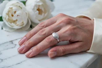 Chevalière en or blanc portée à la main par une femme, posée sur marbre blanc avec des pivoines en arrière-plan, alternative élégante à la bague de fiançailles classique