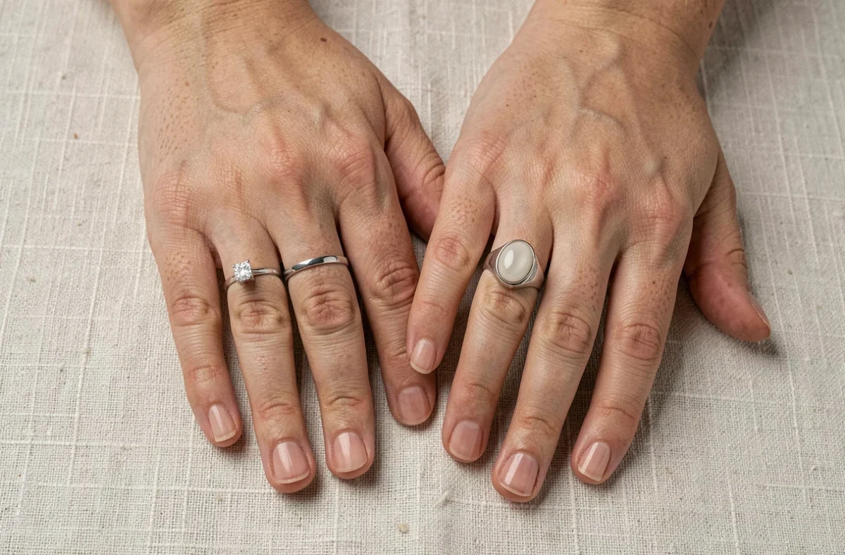 Comparaison entre une bague de fiançailles classique et une chevalière en or blanc pour femme, deux alternatives élégantes présentées côte à côte