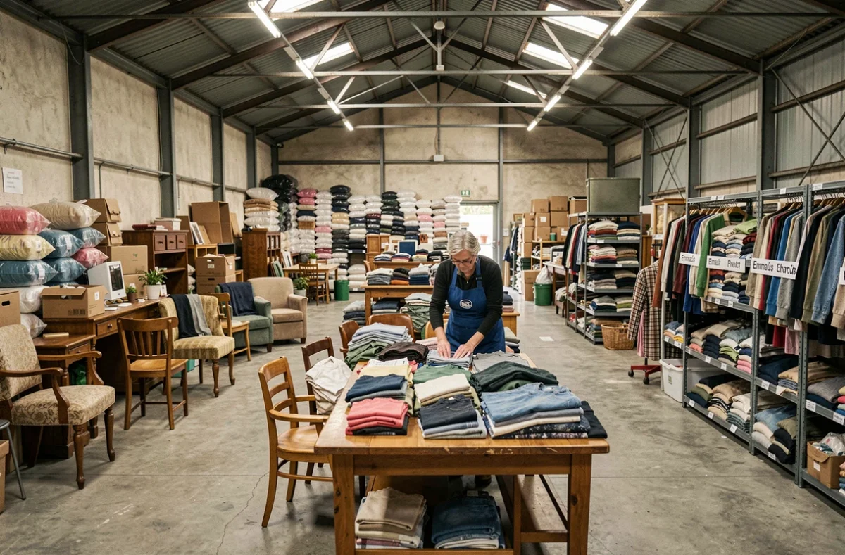 Bénévole triant des vêtements donnés à La Chiffonnerie d'Emmaüs dans le Pas-de-Calais