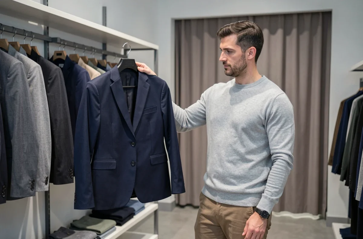 Client examinant un blazer homme dans la boutique Celio de Vichy