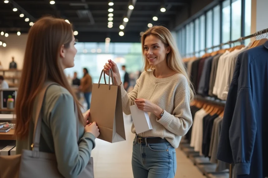 Femme en magasin avec sac et étiquette de sécurité