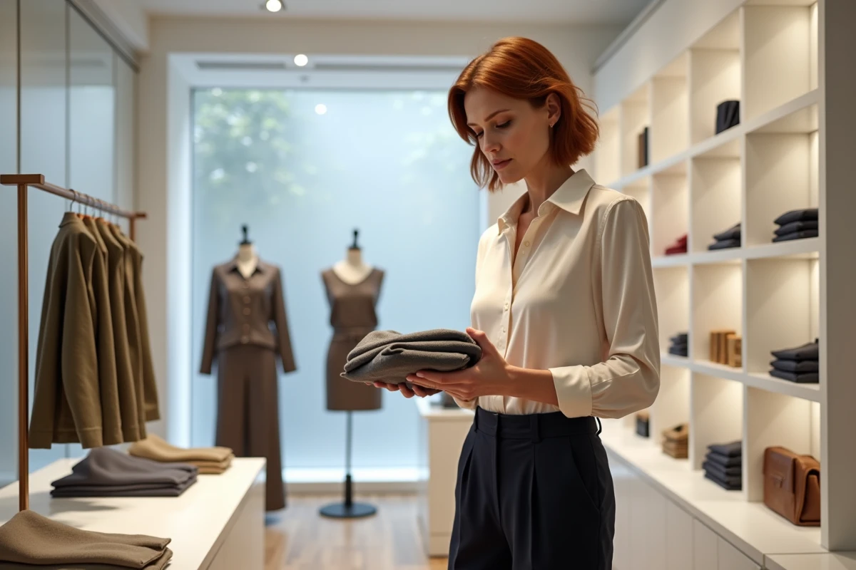 Cliente examinant un vêtement dans une boutique de mode française minimaliste
