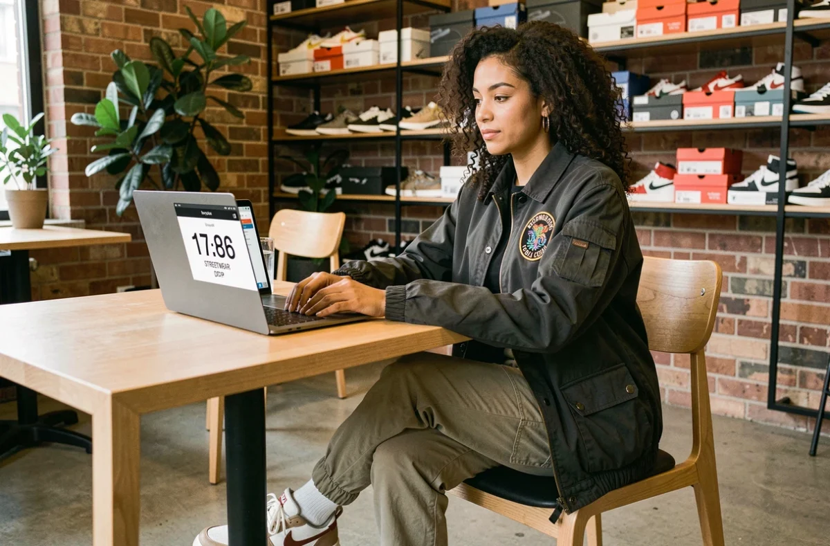Femme en veste streetwear collab limitée surveillant un drop en ligne depuis un café