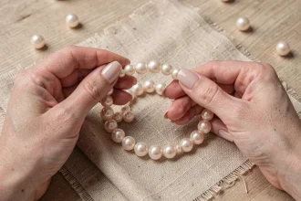 Mains féminines tenant un collier de perles de culture Akoya sur tissu de lin naturel, ambiance atelier joaillier minimaliste