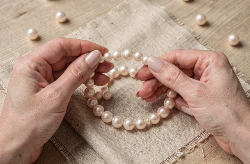 Mains féminines tenant un collier de perles de culture Akoya sur tissu de lin naturel, ambiance atelier joaillier minimaliste