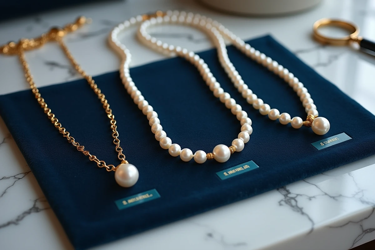 Comparaison de trois colliers de perles de culture disposés sur velours bleu marine selon différentes gammes de prix