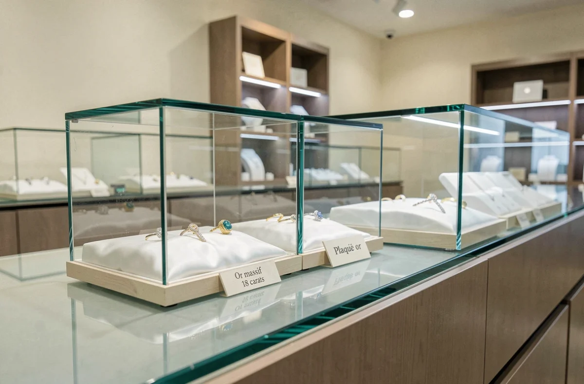 Vitrine de bijouterie comparant des bijoux en or massif et des bijoux plaqués or avec étiquettes explicatives