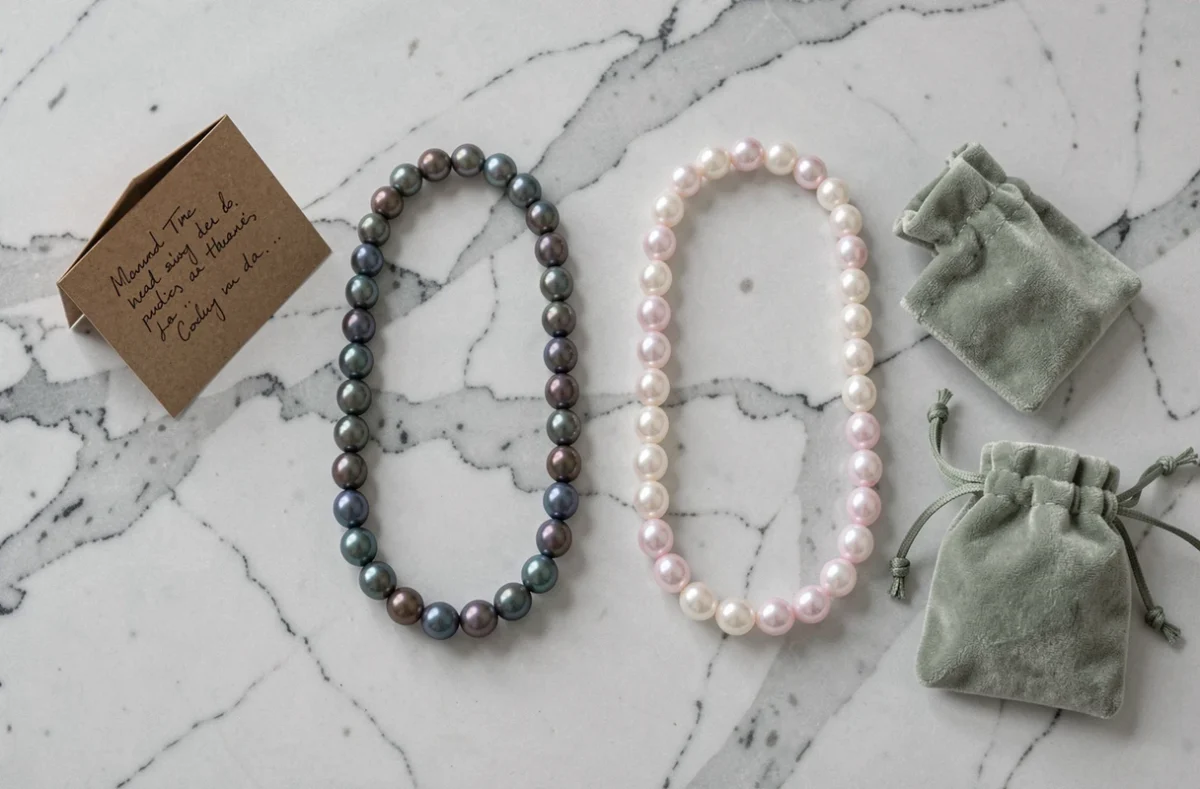 Comparaison flat lay de collier de perles de culture et collier de perles d'eau douce baroques sur marbre gris, style magazine