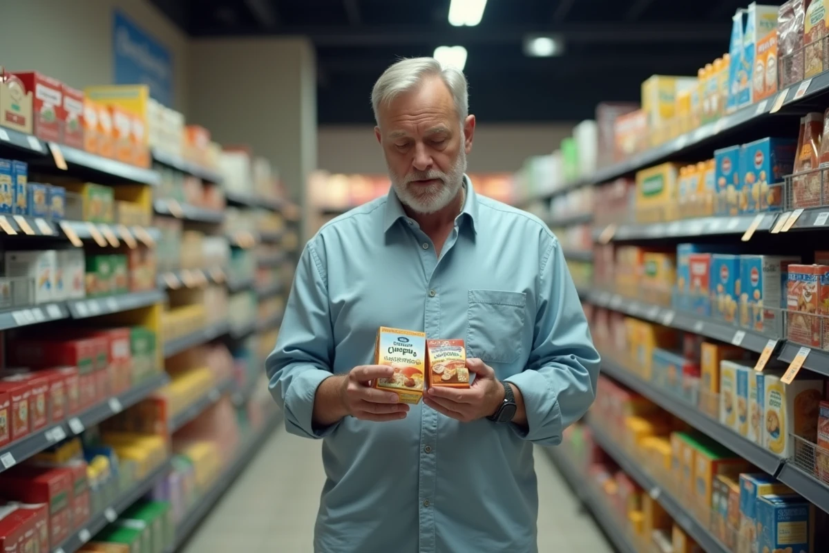 Homme comparant un produit de marque générique et une alternative connue en supermarché