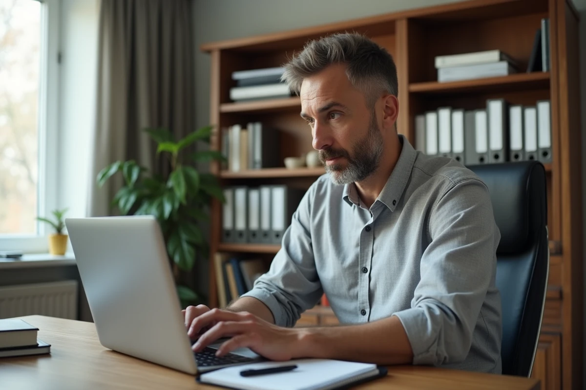 Un homme consultant le registre des entreprises en ligne pour vérifier les informations légales et le SIRET